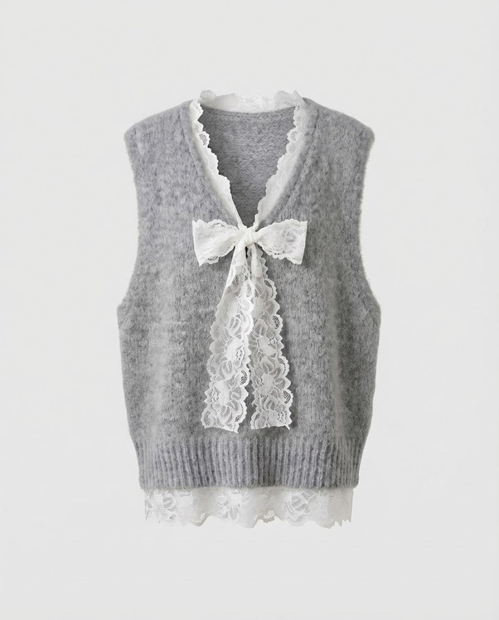 Women's Sleeveless Fleece Vest with Lace Insert and Decorative Bow Brooch Mune Fashion