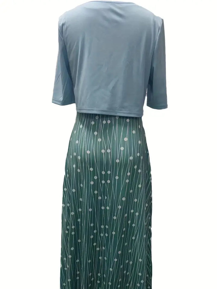 Mune Fashion - elegant two-piece floral dress set with plain crop top and dress with round neckline