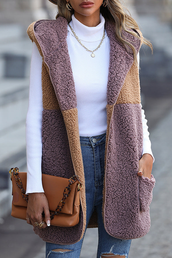 Mune | Sleeveless Colorblock Pocketless Mid-Length Cardigan Puff Velour Jacket