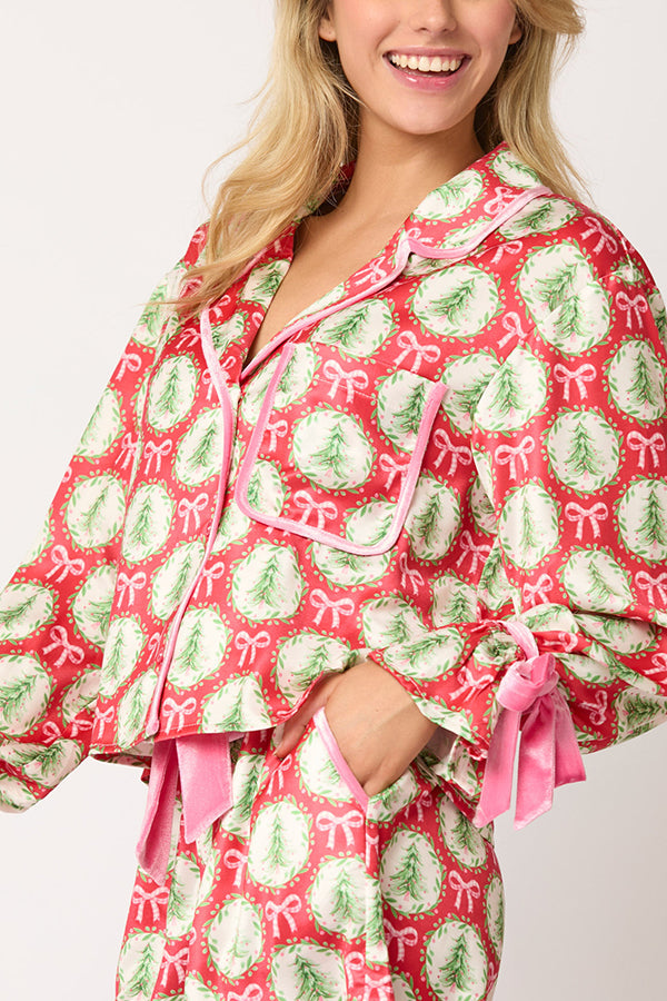 Mune | Christmas Printed Velour Lacing Long Sleeve Pocket Top and Elastic Waist Pants Set