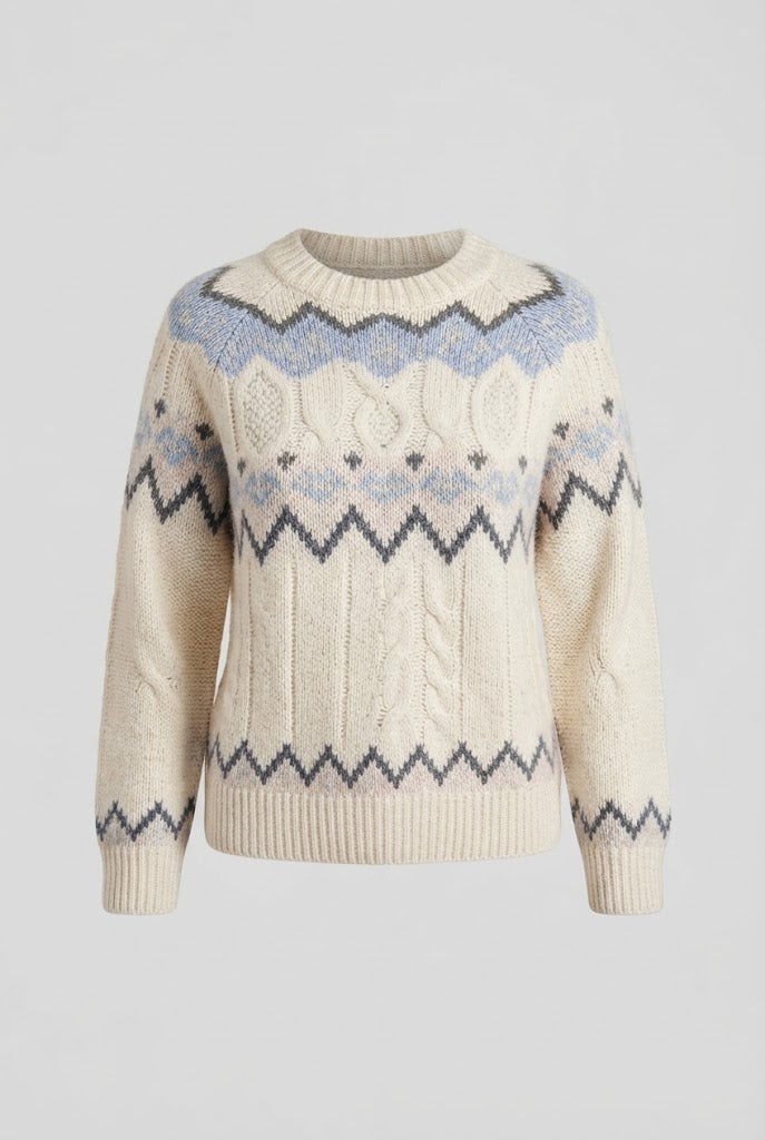 Ladies Norwegian pattern round neck sweater made of wool mix with ribbed hem Mune Fashion