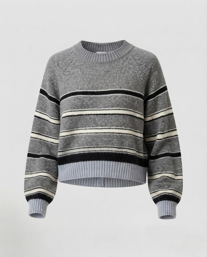 Women's Striped Fine Knit Sweater with Raglan Sleeves and Ribbed Hem Mune Fashion