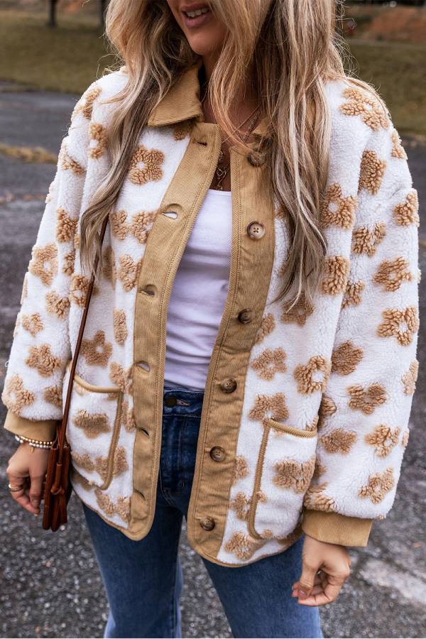 Mune | French Beige Sweet Floral Pattern Button Placket Fleece Jacket