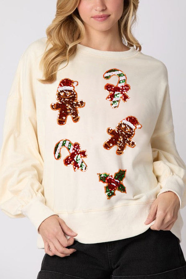 Mune | Christmas Gingerbread Man Sequin Casual Long Sleeve Sweatshirt