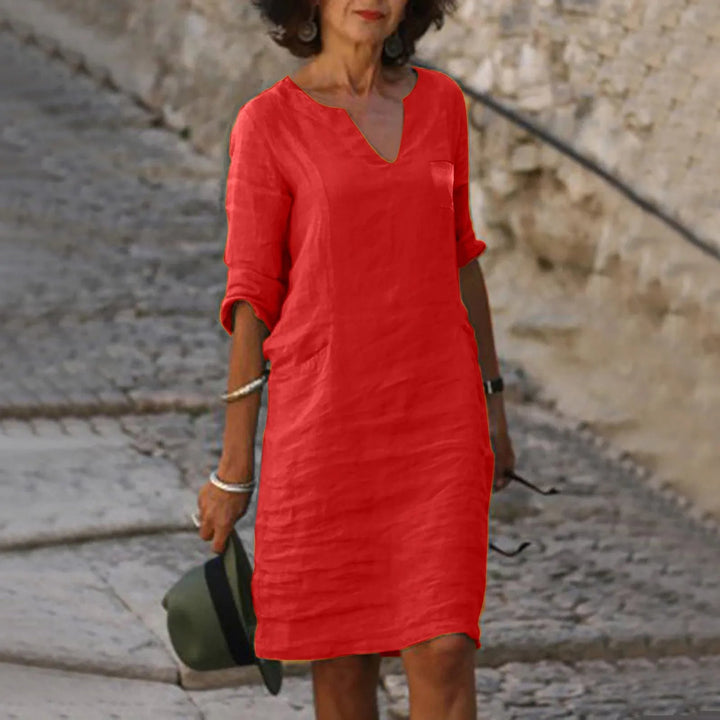 Linen shift dress with V-neck and pockets