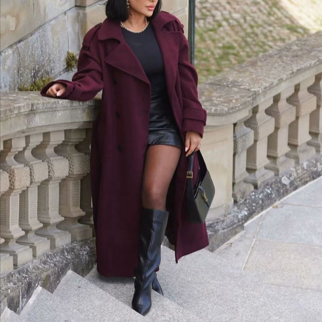 Mune | Elegant Trench Coat In Burgundy with Belt