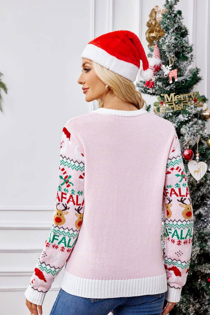 Mune | Loose Fit Round Neck Christmas Cartoon Knit Sweater - Pink