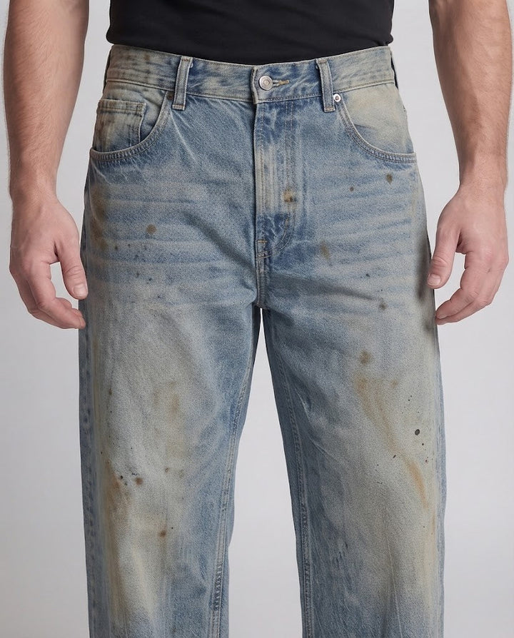Men's Extra Wide Distressed Baggy Jeans in Palazzo Cut with Vintage Paint Effect Mune Fashion