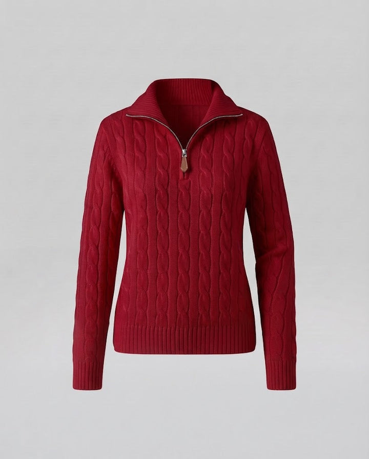 Women's Cable Knit Sweater with Half Zipper and Stand-Up Collar Mune Fashion