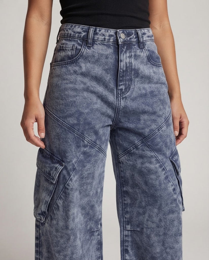 women's wide panel cargo denim palazzo pants with a low drop and large flap pockets Mune Fashion