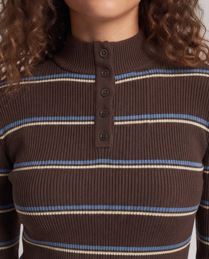 Women's Striped Ribbed Sweater with Stand-Up Collar, Button Placket, and Contrast Cuffs Mune Fashion