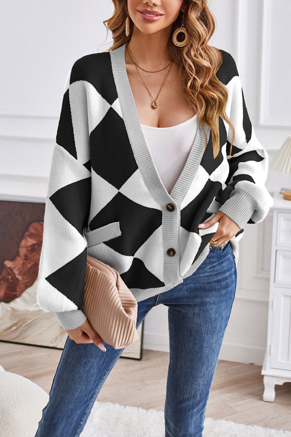 Mune | Neck Geometric Patchwork Contrasting Knit Cardigan Casual Loose Jacket