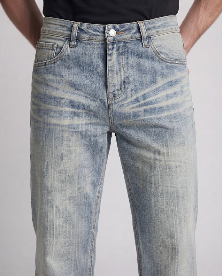 Men's ultra-wide cut vintage denim jeans with hem stacking and whisker details Mune Fashion