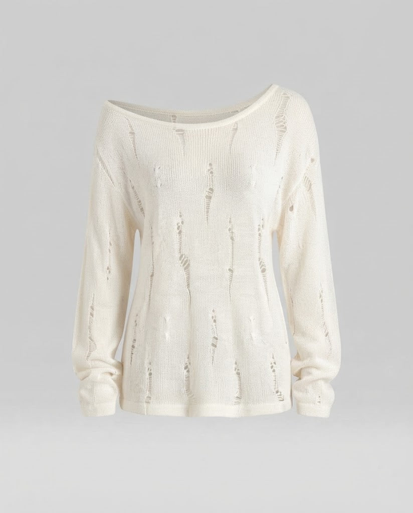 Women's Casual Off-Shoulder Fine Knit Sweater with Destroyed Look and Wide Silhouette Mune Fashion