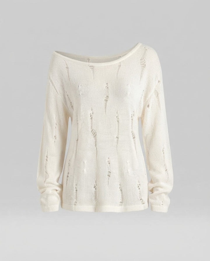 Women's Casual Off-Shoulder Fine Knit Sweater with Destroyed Look and Wide Silhouette Mune Fashion