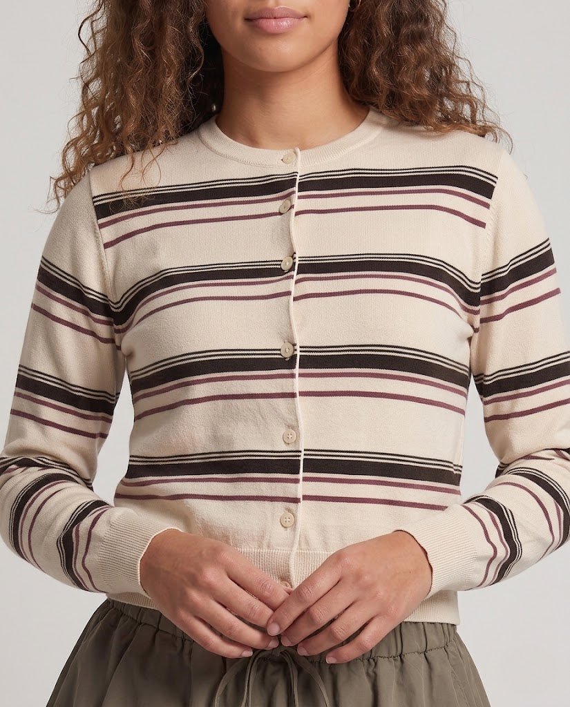 Women's Striped Cropped Knit Cardigan with Round Neck Mune Fashion