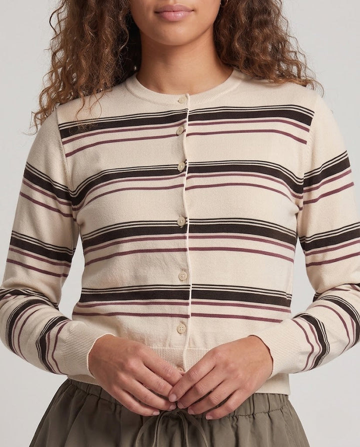 Women's Striped Cropped Knit Cardigan with Round Neck Mune Fashion