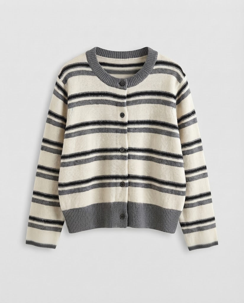 Women's Striped Short Cardigan in Retro College Look made from soft wool blend with contrast cuffs Mune Fashion