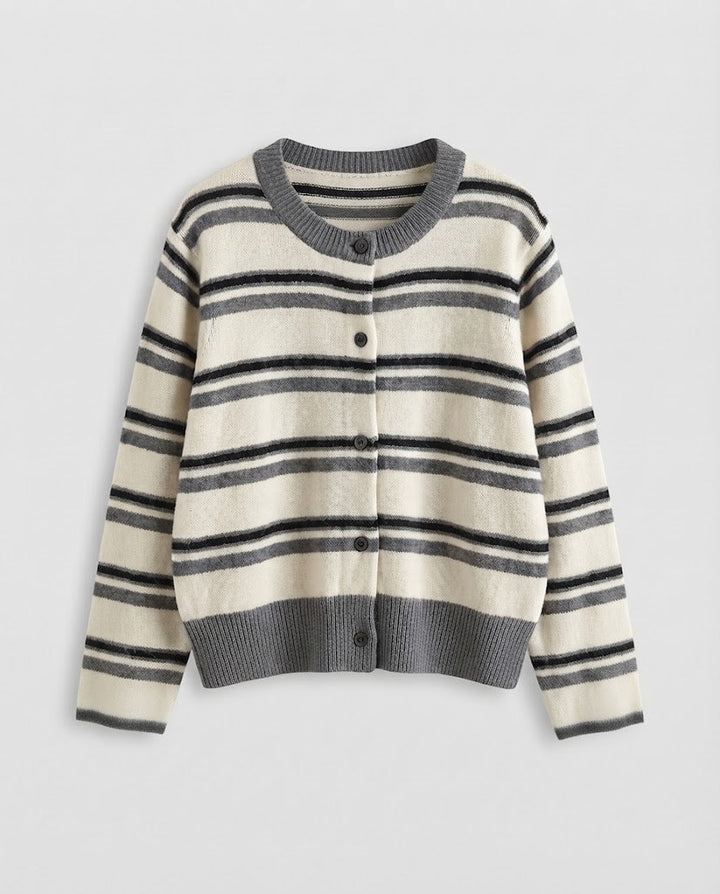 Women's Striped Short Cardigan in Retro College Look made from soft wool blend with contrast cuffs Mune Fashion