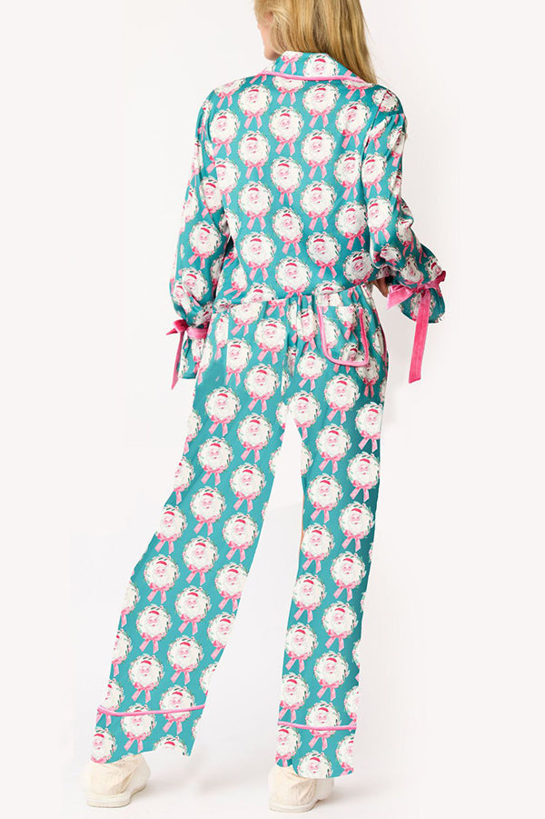 Mune | Christmas Printed Velour Lacing Long Sleeve Pocket Top and Elastic Waist Pants Set