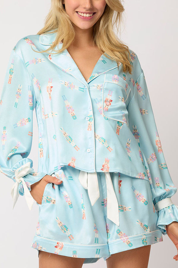 Mune | Christmas Print Lace-Up Cuff Top and Elastic Waistband Pockets Casual Shorts Set