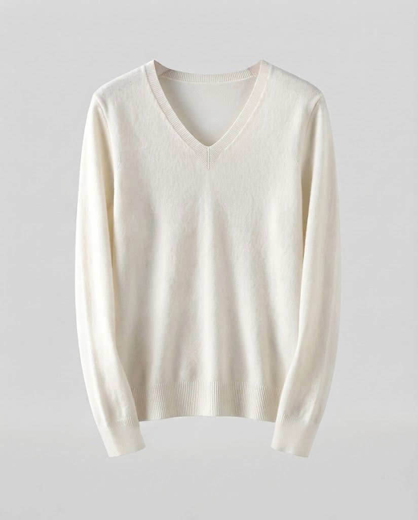 Women's Fine Knit V-Neck Sweater in Cashmere Look with Slim Silhouette Mune Fashion