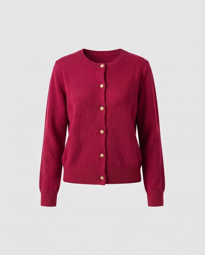 Women's Boxy Button Cardigan made of fine knit with gold shimmering decorative buttons and ribbed finishes Mune Fashion