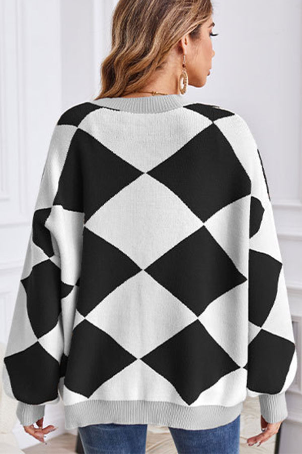 Mune | Neck Geometric Patchwork Contrasting Knit Cardigan Casual Loose Jacket
