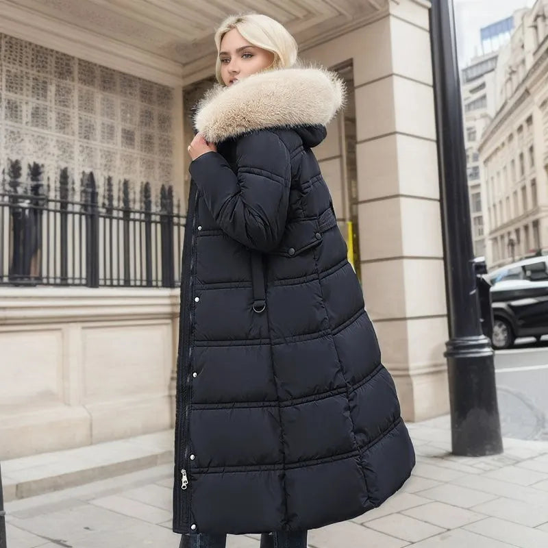 Mune | Women's Long Winter Coat with Fur Hood and Belt