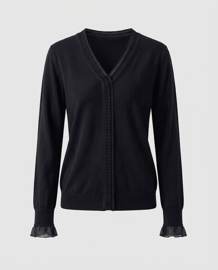 Ladies Fine V-Neck Fine Knit Sweater with Pleated Trim and Flowing Silhouette Mune Fashion