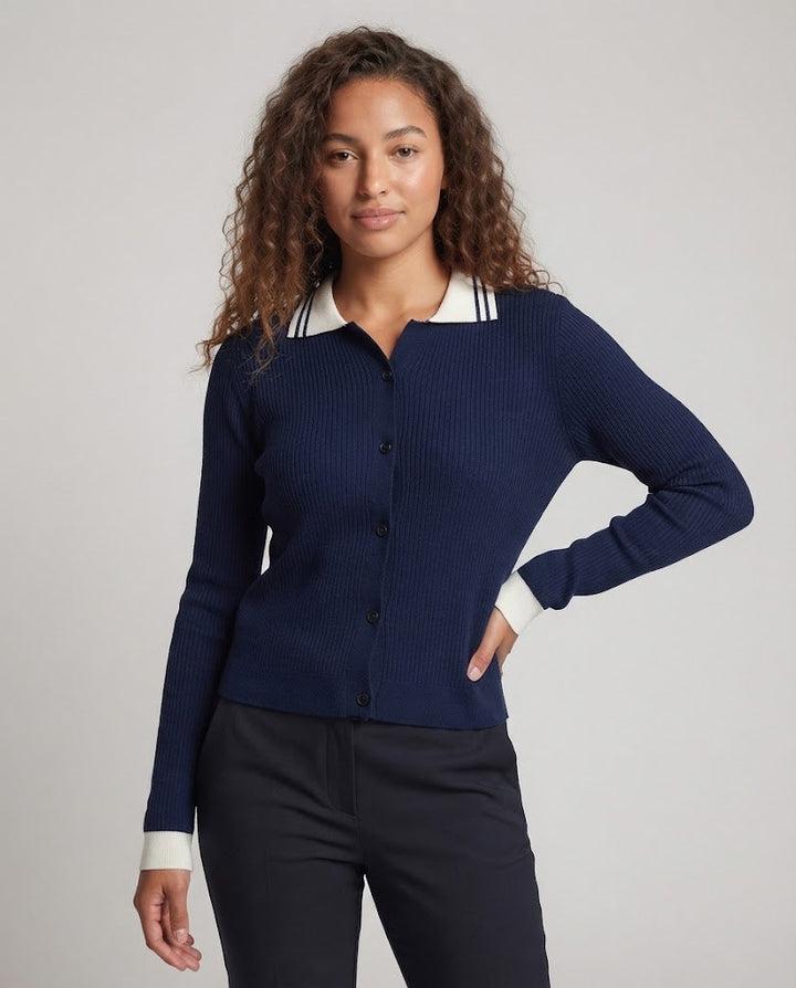 Ladies fine knit cardigan with polo collar and contrasting cuffs Mune Fashion