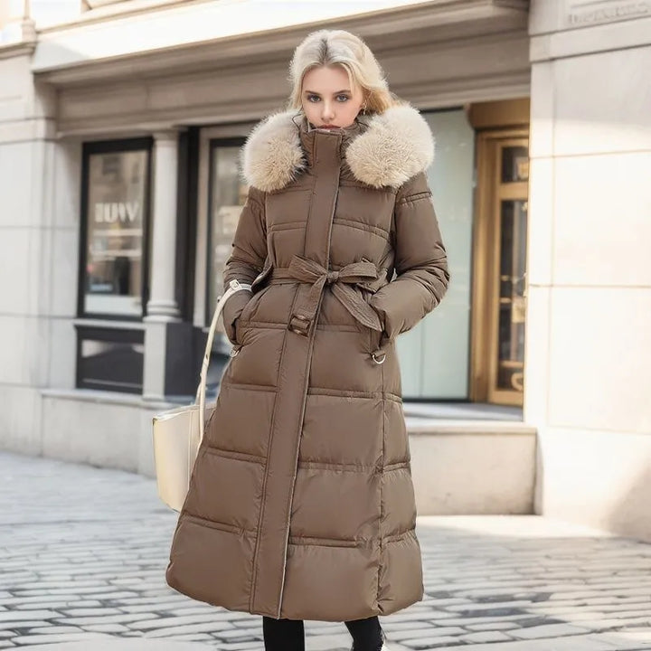 Mune | Women's Long Winter Coat with Fur Hood and Belt