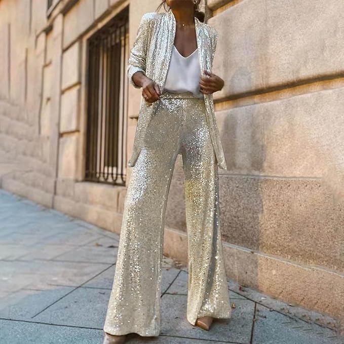 Women's Glittering Blazer Suit with Wide Leg and Shimmering Sequins Mune Fashion