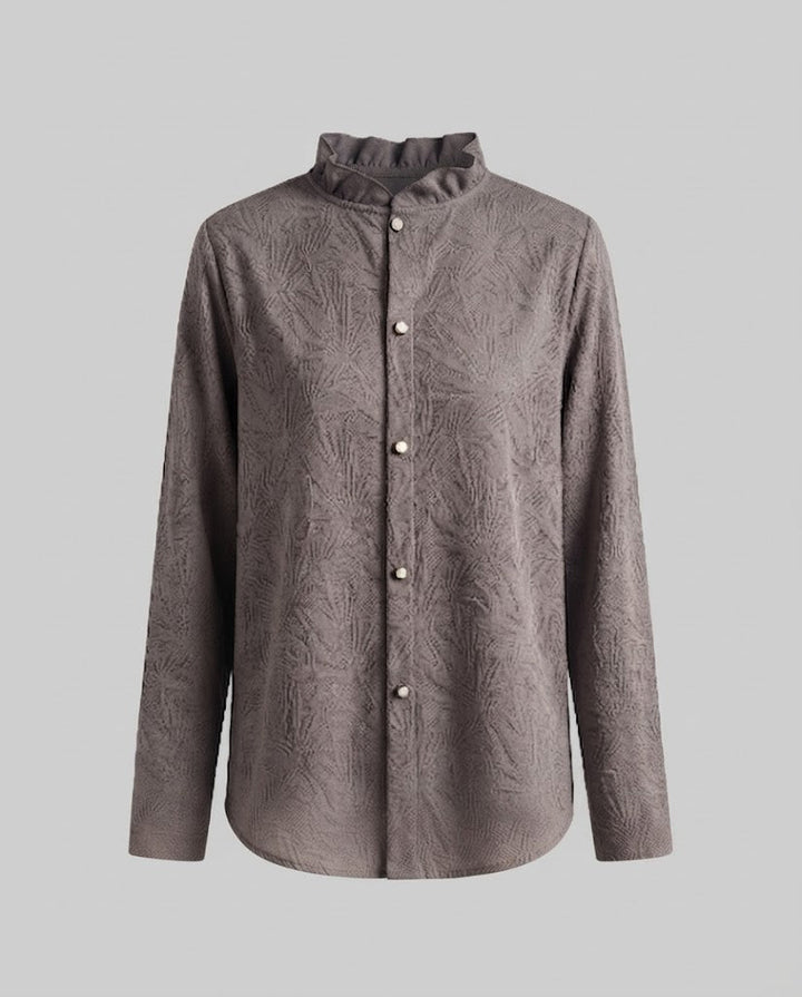 Women Elegant structured long sleeve blouse with ruffled stand-up collar and pearl button placket Mune Fashion