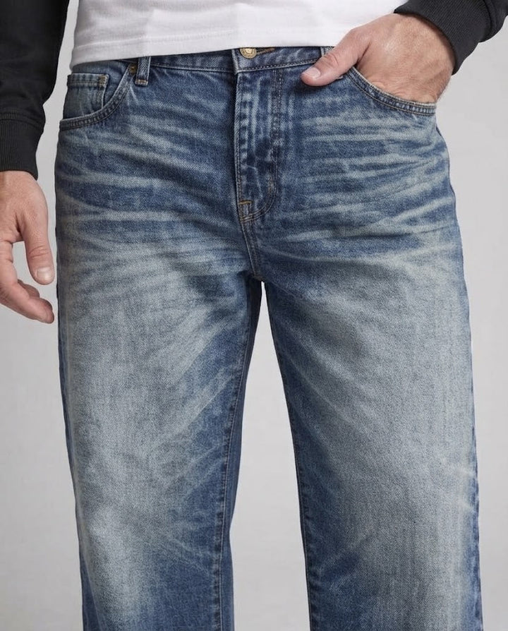 Men's baggy jeans in extra wide palazzo cut with distinctive whisker and ombre fade Mune Fashion