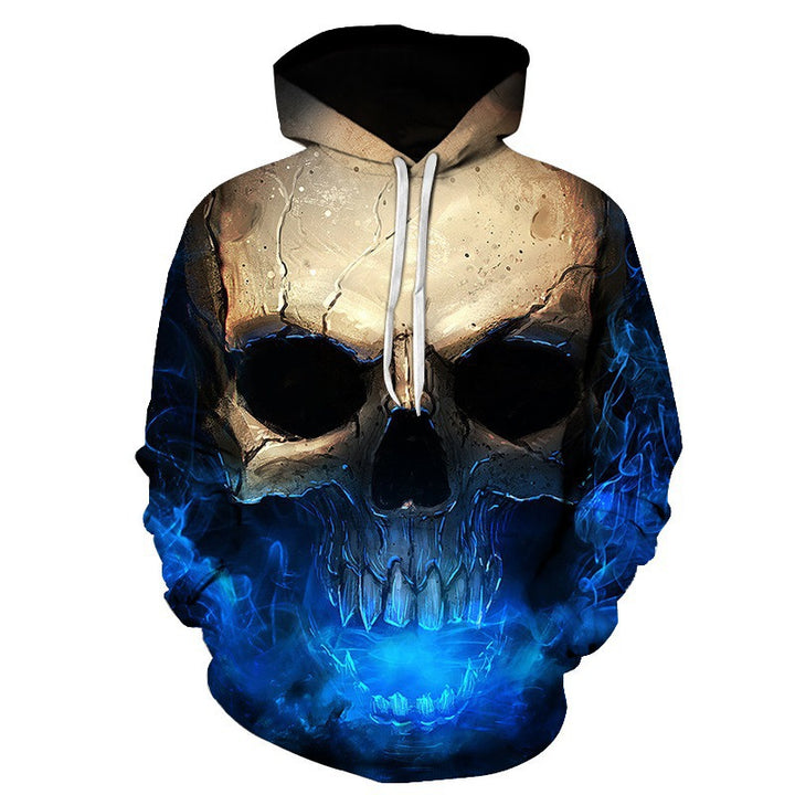Unisex Hoodie with 3D Skull Print & Blue Flame Design Mune Fashion