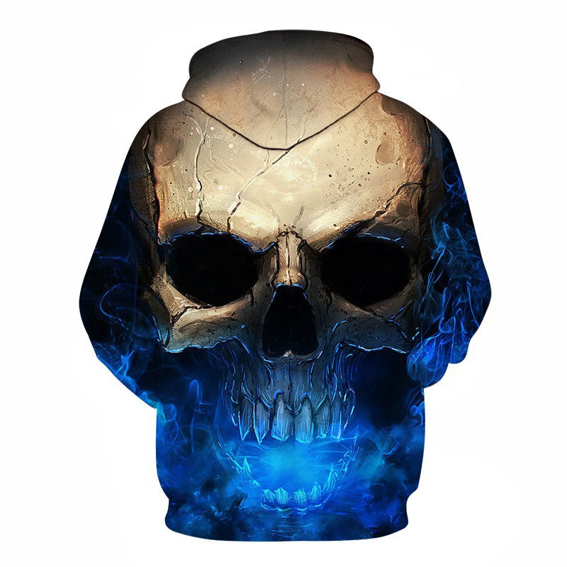 Unisex Hoodie with 3D Skull Print & Blue Flame Design Mune Fashion