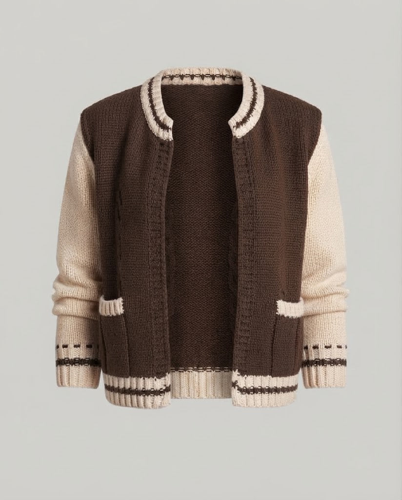 Women Thick Knit Cardigan with Contrasting Crochet Collar and Balloon Sleeves Mune Fashion