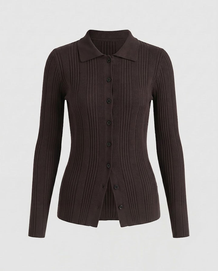 Women's Ribbed Fine Knit Cardigan with Shirt Collar and Continuous Button Placket Mune Fashion