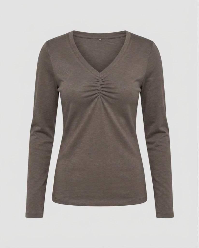 Ladies Long Sleeve V-Neck Shirt with Gathering and Fine Jersey Quality Mune Fashion