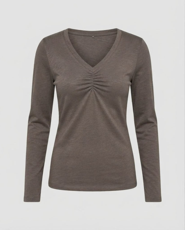 Ladies Long Sleeve V-Neck Shirt with Gathering and Fine Jersey Quality Mune Fashion