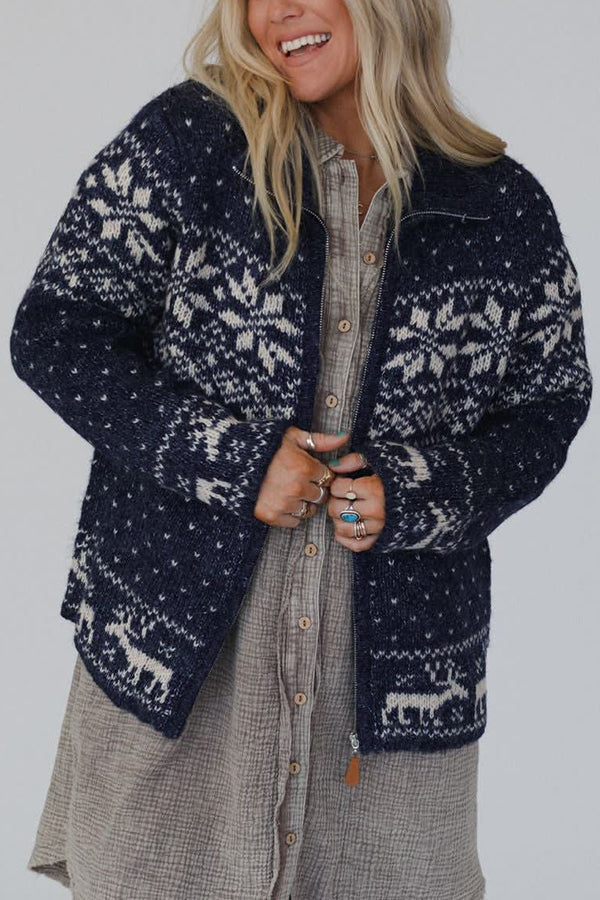 Mune | Christmas Snowflake Moose Zip Long Sleeve Sweater
