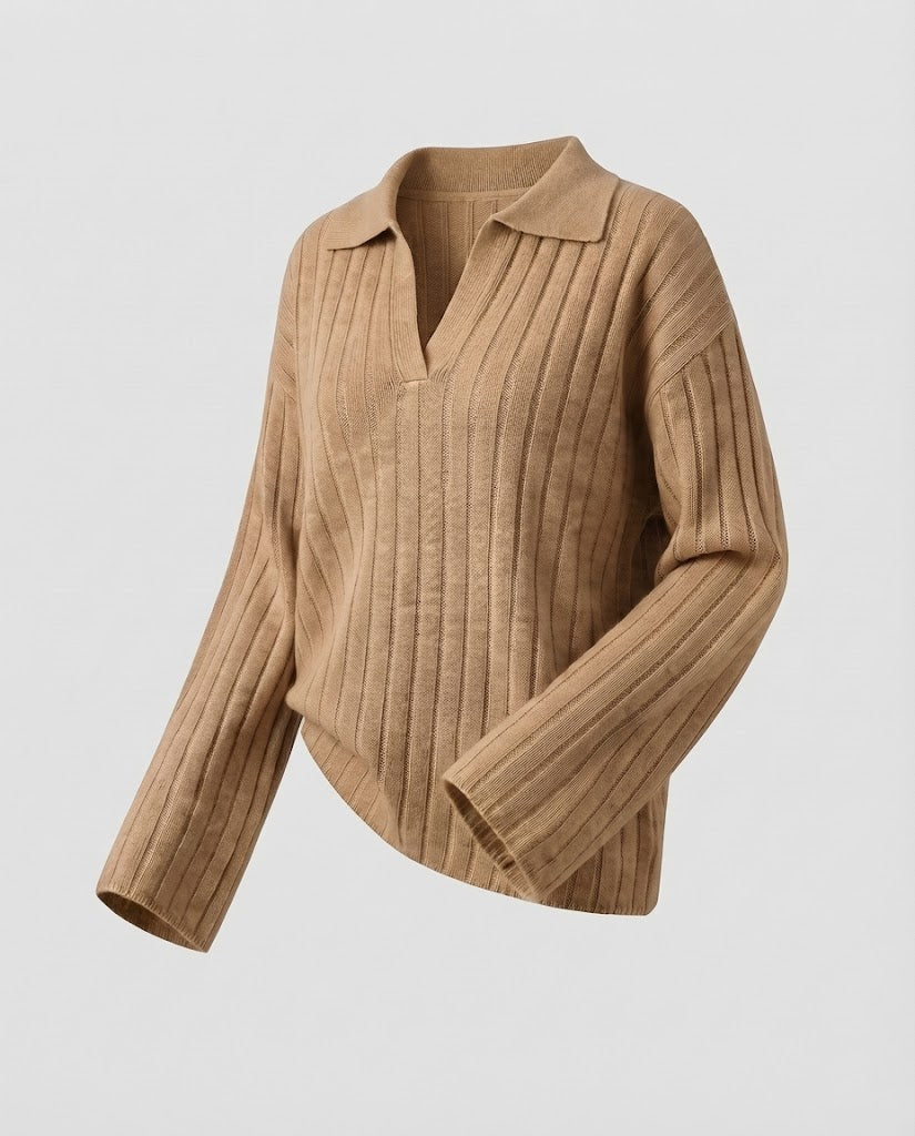 Women's Chunky Ribbed Wool Blend Sweater with Polo Collar and Wide Sleeves Mune Fashion