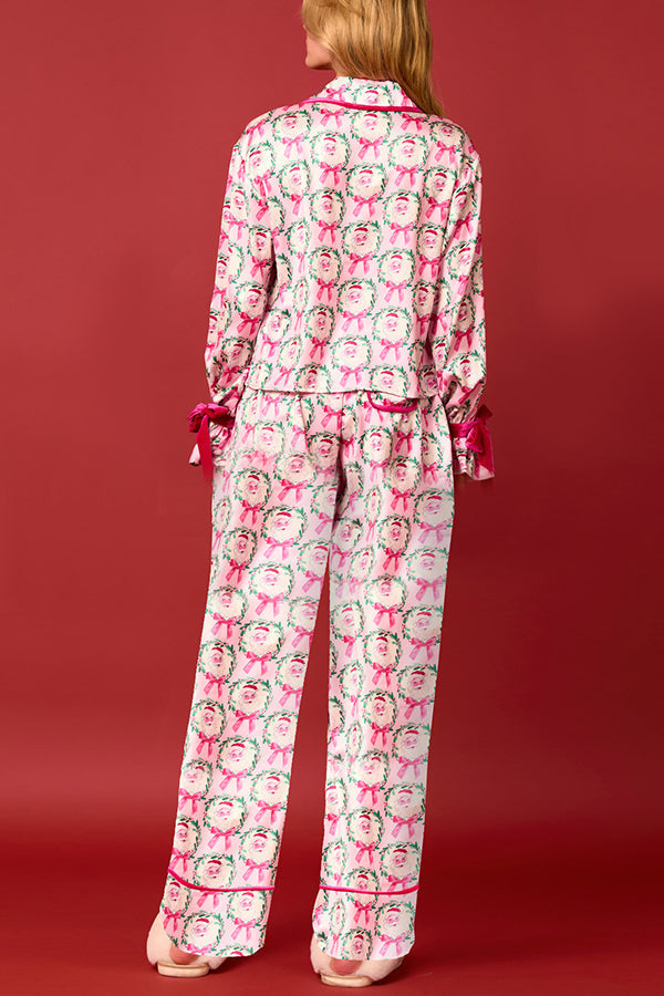 Mune | Christmas Printed Velour Lacing Long Sleeve Pocket Top and Elastic Waist Pants Set