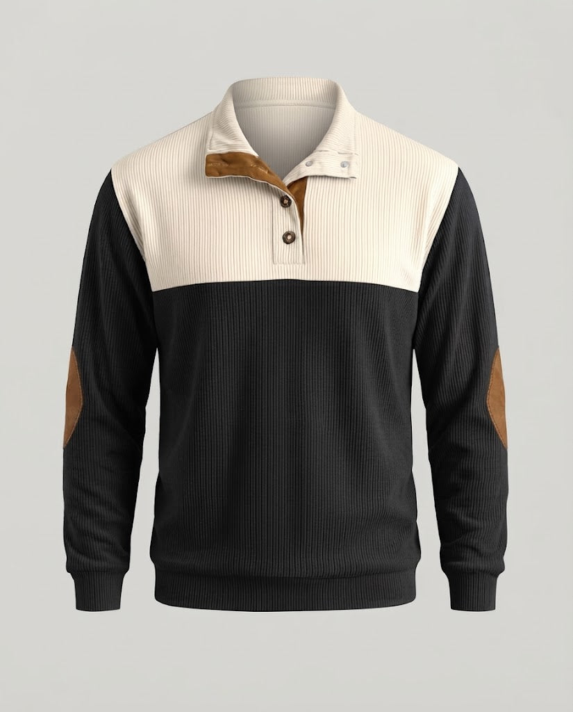 Men's ribbed Henley sweater with contrasting shoulder area and elbow patches Mune Fashion
