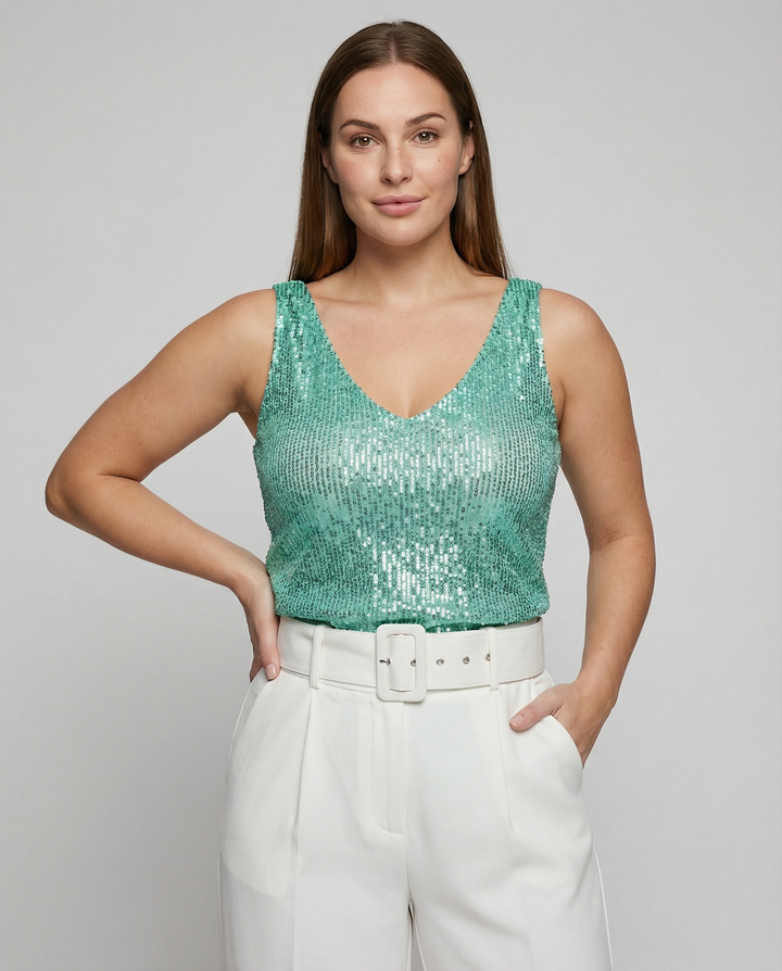 Shiny V-neck Sequin Top