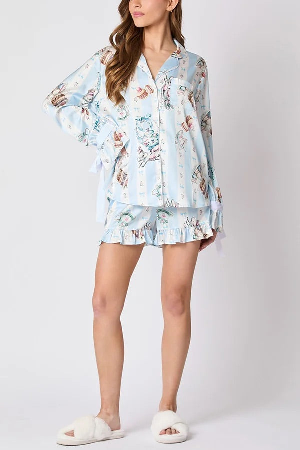 Mune | Christmas Fashion Printed Bow Top and Elastic Waist Ruffle Shorts Set
