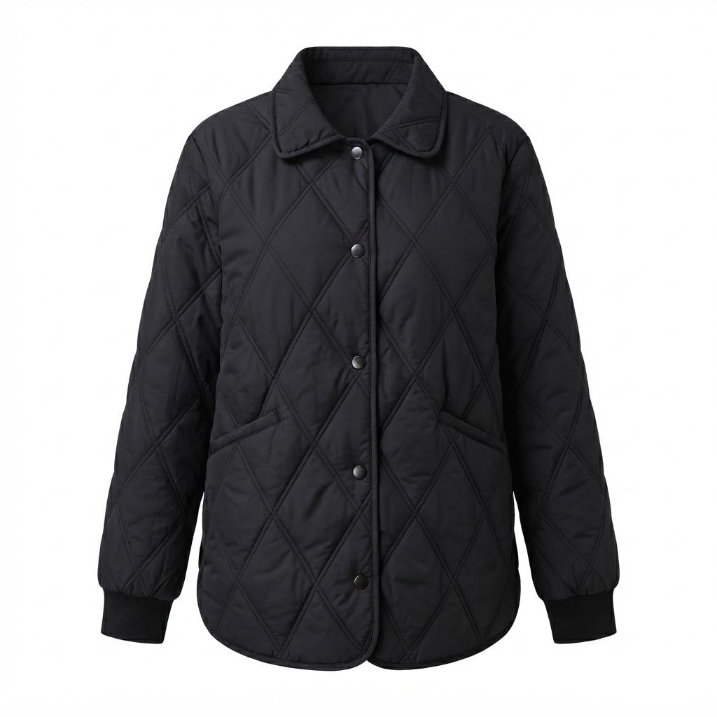Women's Quilted Loose Transition Jacket with Diamond Pattern and Snap Button Closure Mune Fashion