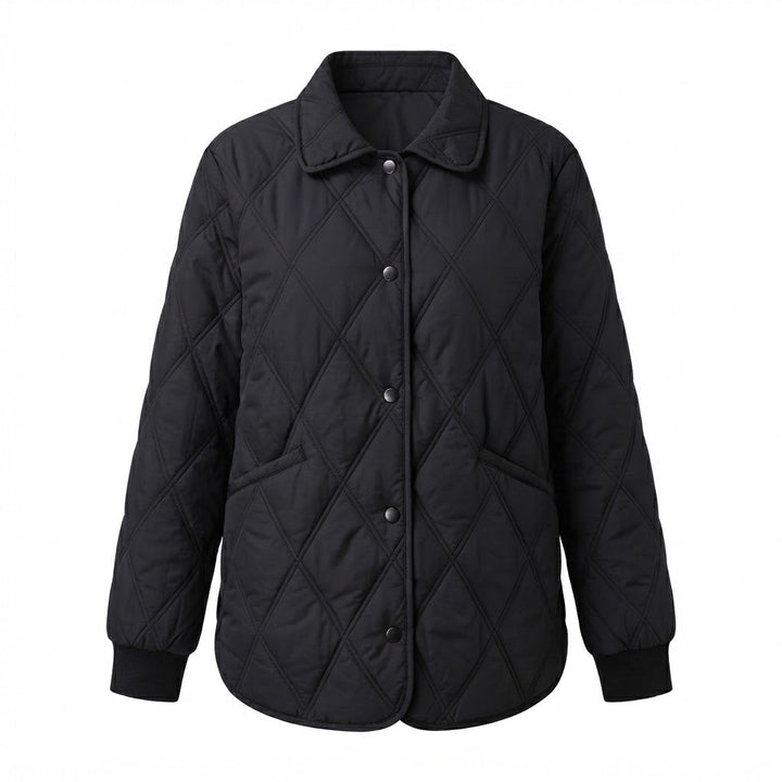 Women's Quilted Loose Transition Jacket with Diamond Pattern and Snap Button Closure Mune Fashion