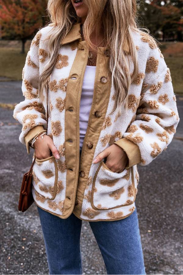 Mune | French Beige Sweet Floral Pattern Button Placket Fleece Jacket